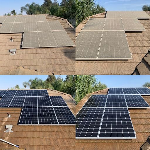 Comparison of roof with dusty and clean solar panels under clear blue sky.